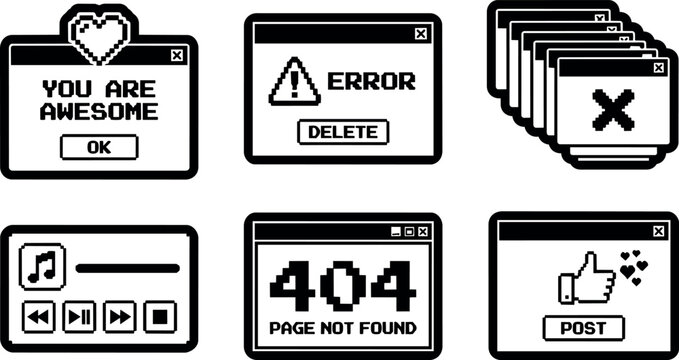 Black and white pixel art error windows with messages and icons