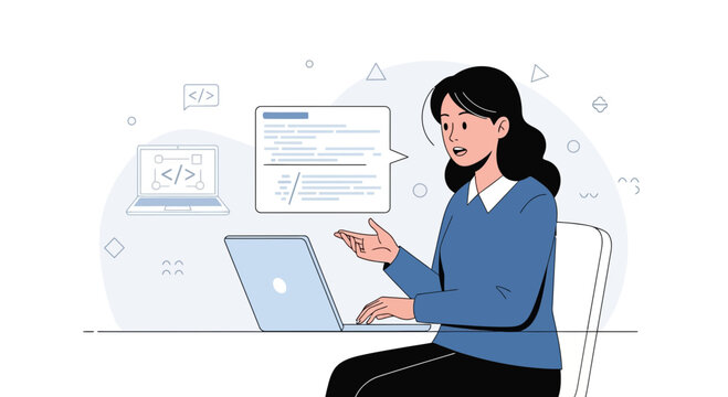 Woman programmer coding on laptop, discussing software development with colleagues online
