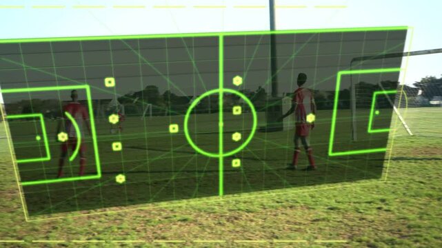 Center player advancing, playing pass to right to create lanes, AR analytics mapping positions
