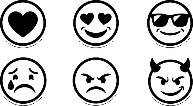 Black and white emoji faces with love heart crying angry and devil horns