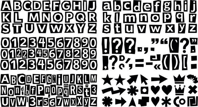 Black and white ransom note style letters numbers and symbols vector art