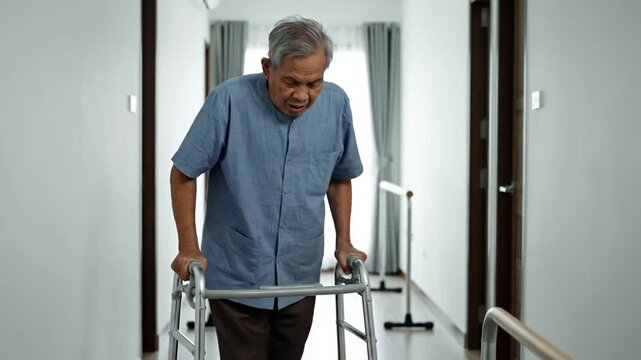 Elderly Man Using Walker in Care Facility Demonstrating Perseverance and Independence