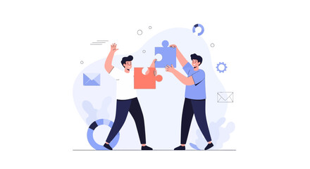 Obraz premium Teamwork concept: two men assembling puzzle pieces, collaboration, strategy, success