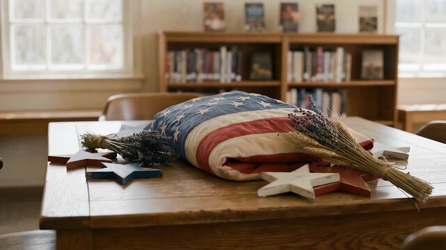 An American flag, wooden stars, and dried plants arranged on a rustic wooden table in a room with bookshelves and a window.