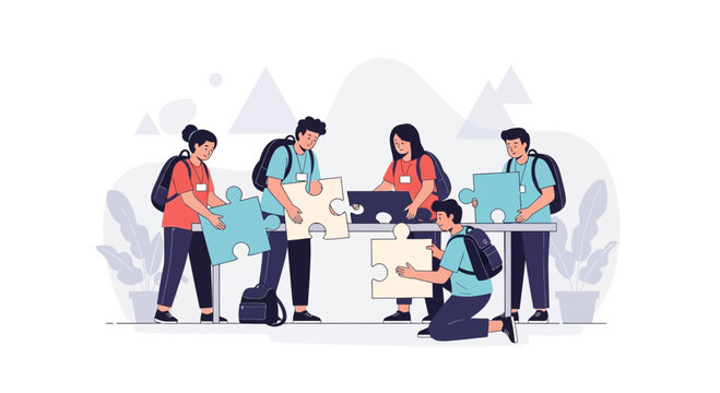 Teamwork puzzle collaboration, diverse people connecting pieces, problem solving, strategy