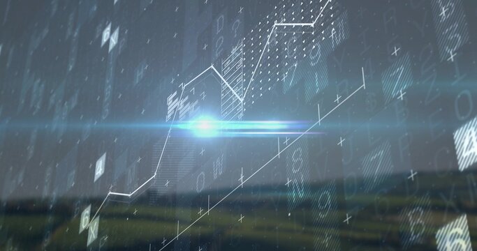 Displaying translucent holographic line chart with nodes overlaying rural fields, cyan lens flare