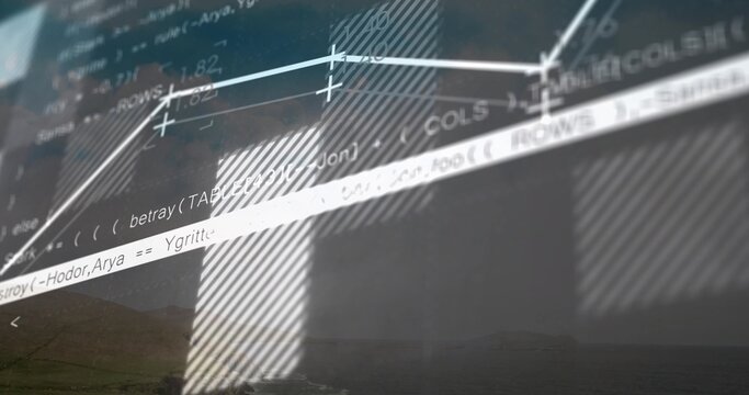 Displaying office screen showing source code and line chart at desk, hatched panels and faint hills