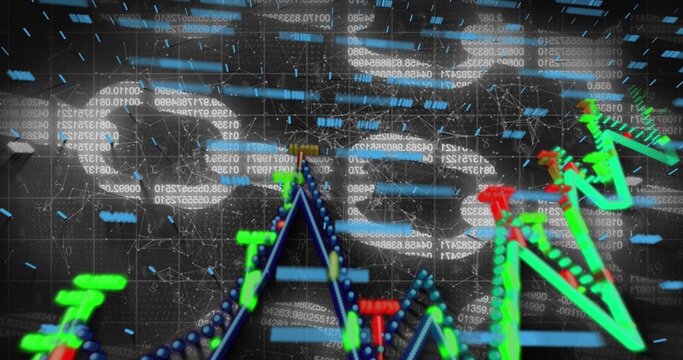 Displaying 3D financial charts sweeping dark virtual grid, with floating numeric strings and nodes