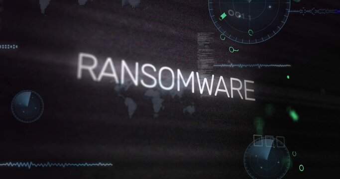 Displaying central word RANSOMWARE blurring over dark security interface, with world map and radar