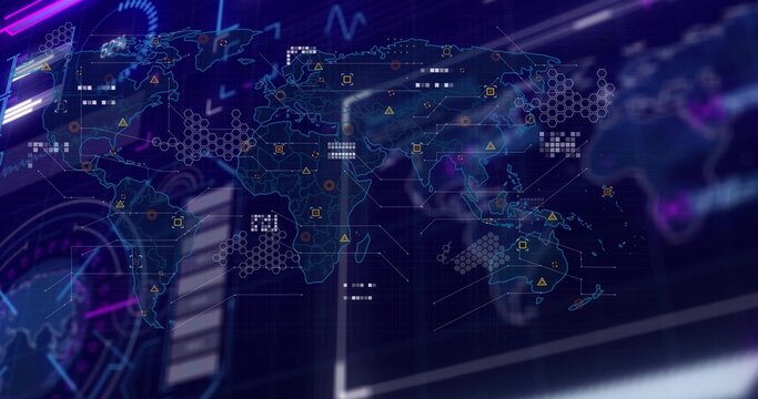 Displaying digital world map highlighting hex clusters, data nodes, warning icons on control hub