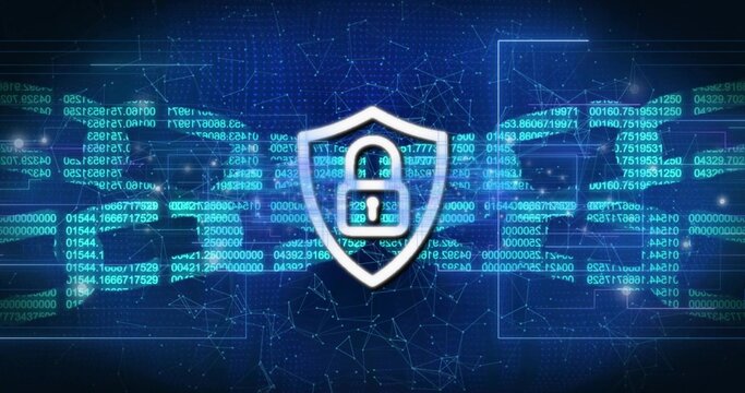 Displaying centered shield emblem glowing in digital cyberspace, with padlock icon and code streams