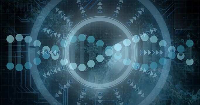 Displaying stylized DNA helix running across digital UI, featuring concentric rings and arrows