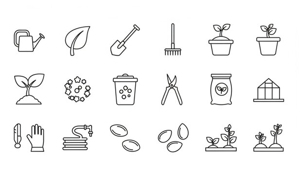 Gardening line icons vector plant care tools sprout seedling outline collection for home garden