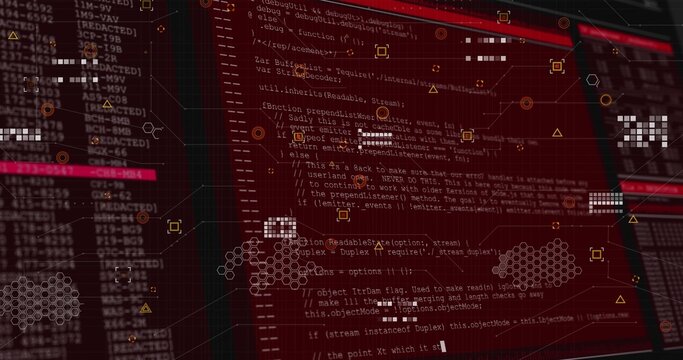 Displaying central red code window scrolling code text on monitor screen, with hex HUD overlays