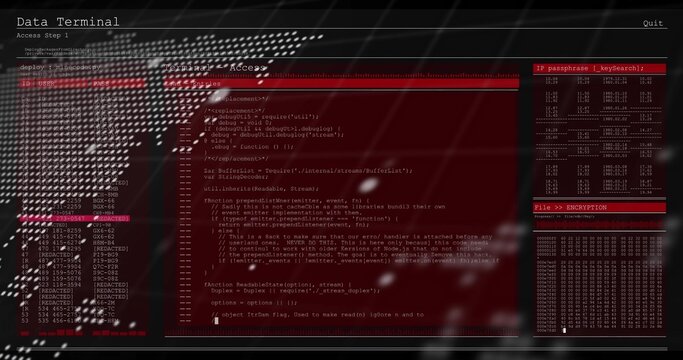 Displaying red console showing monospaced code on monitor, with left ID column and right panels
