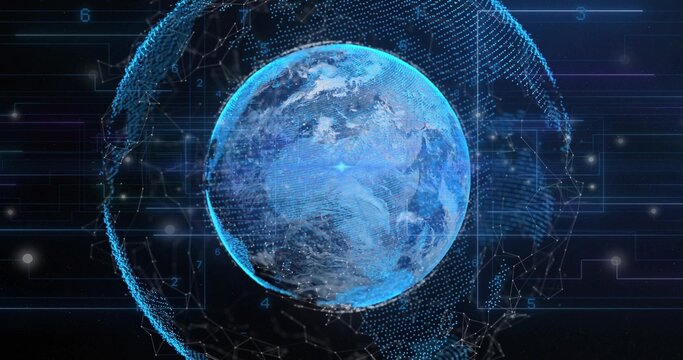 Displaying holographic Earth globe rotating in cyber HUD with nodes, numeric markers, particles