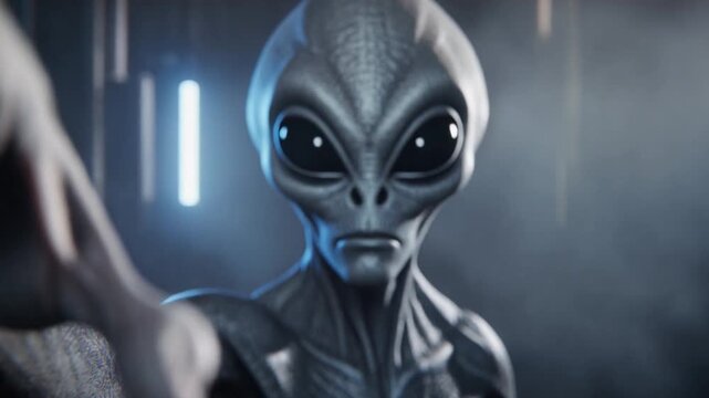 Cinematic 3D render of a grey alien reaching out its hand