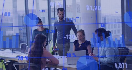 Leading manager guiding five team members at office table in business casual, showing laptop charts © vectorfusionart