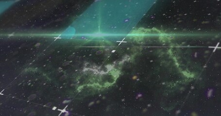 Displaying green nebula stretching across deep space with HUD grid, crosses, arc, flare © vectorfusionart