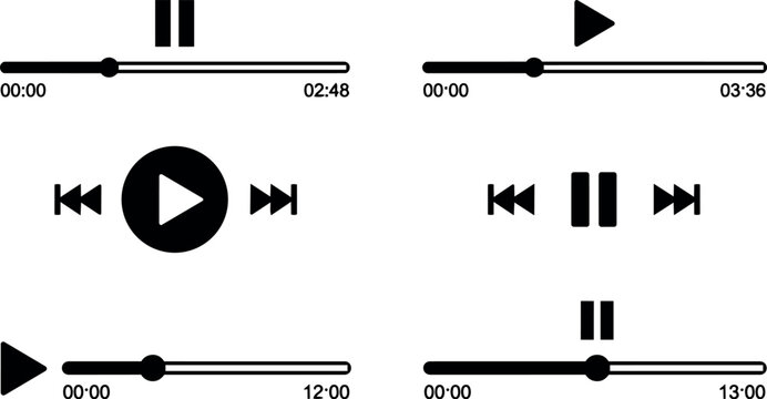 Black and white playback control icons with progress bars and time stamps