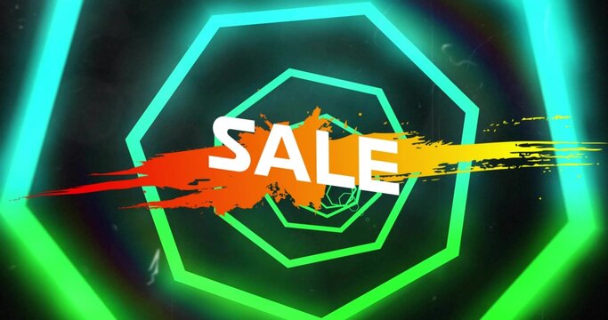 Showing graphic with white SALE text on orange-yellow brush stroke in promo banner, neon hexagons