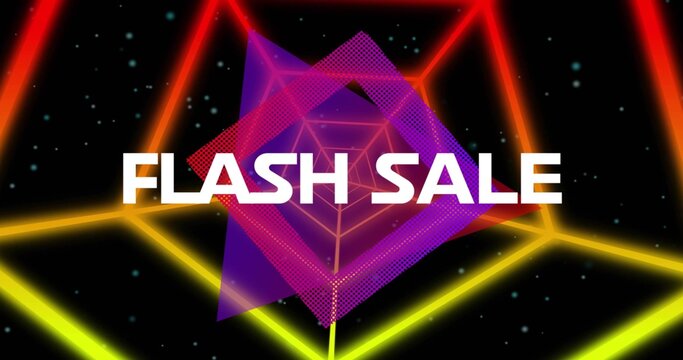 Displaying bold white FLASH SALE centered on synthwave graphic, with neon grid and magenta overlay