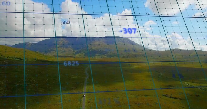 Displaying mountain ridge and moorland from viewpoint, showing road, vehicle, blue grid, clouds