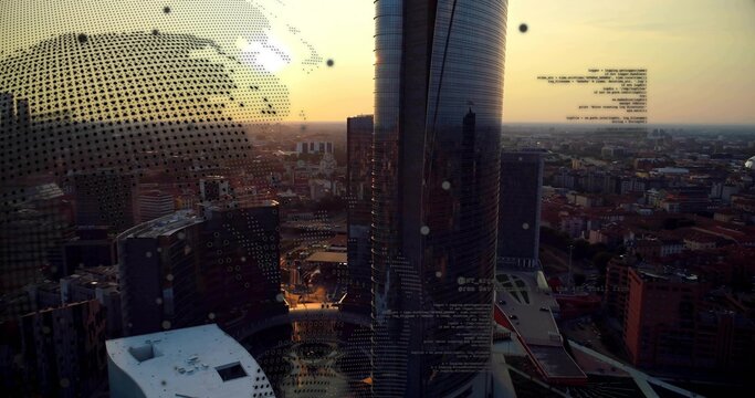 Glinting twin curved glass towers reflecting golden sunset from rooftop view, with HUD overlay