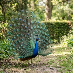 Obraz premium Majestic male peacock proudly displaying its stunning iridescent tail feathers in a vibrant garden path, showcasing its beauty and grace in a natural outdoor setting