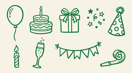 Obraz premium A collection of hand-drawn green line art icons representing elements of a birthday celebration, including a balloon, cake, gift, confetti, party hat, candle, champagne, bunting, and noisemaker.