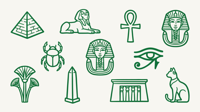 A collection of iconic ancient Egyptian symbols including pyramids, a sphinx, pharaohs, hieroglyphs, and animals, rendered in a clean, green outline style.