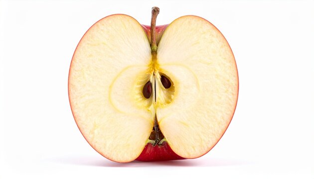 A halved red apple reveals its seeds and flesh on a plain surface