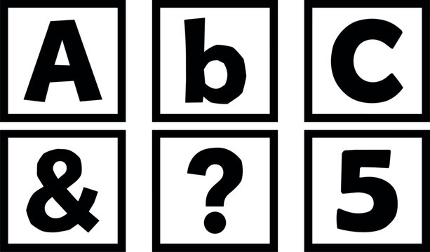 Black and white block letters and symbols abc ampersand question mark number five