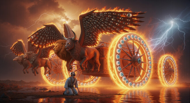The Vision of Ezekiel. The Chariot of God with fiery wheels and many eyes. Merkabah vision with cherubim and lightning in a stormy sky. Biblical prophecy and divine revelation concept