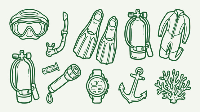 A collection of hand-drawn illustrations depicting various scuba diving equipment and accessories, including a mask, snorkel, fins, tanks, wetsuit, flashlight, watch, anchor, and coral.