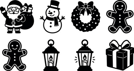Naklejka premium Black and white christmas icons including santa snowman wreath gingerbread candle and gift box