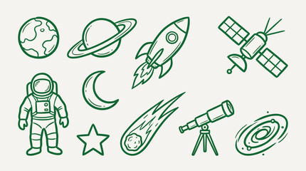 A charming collection of hand-drawn space-themed illustrations, featuring planets, rockets, astronauts, and celestial bodies. © logan