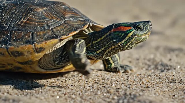 Red Eared Slider Turtle Crawling on Sandy Ground Close Up