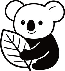 A cartoon koala holding a eucalyptus leaf in a simple black and white illustration © Mariah