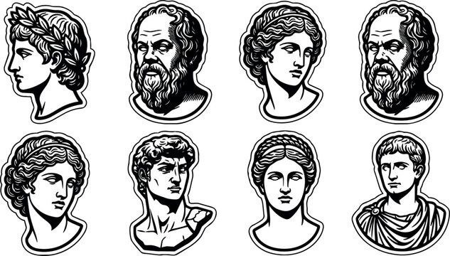 Black and white classical busts vector art of ancient greek and roman figures