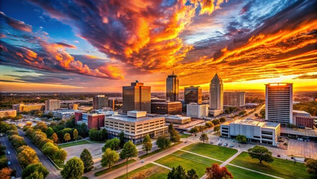 A photo of a serene skyline at sunset in Springfield, Missouri, with towering buildings casting long shadows over the cityscape Vibrant hues of orang