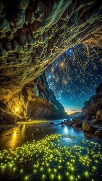 A photo of an illuminated glow worm sky in a dark cave Glowing worms create a mesmerizing light show against the backdrop of a pitchblack cave ceili