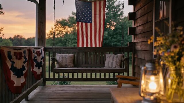 Rustic porch with an American flag, wooden swing, and lit lantern at sunset, evoking a peaceful evening scene.