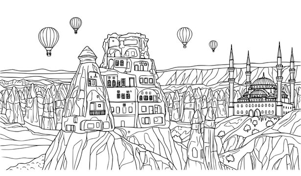 Hot Air Balloons Over Cappadocia Fairy Chimneys and Historic Turkish Mosque