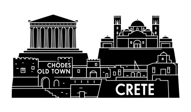 Crete Greece Skyline Black Silhouette &ndash; Chodes Old Town and Ancient Temple