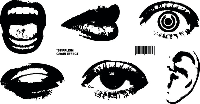 Black and white stipplism grain effect facial features with barcode