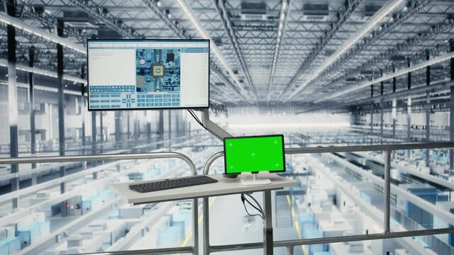 Green screen tablet in empty microchips manufacturing plant monitoring fabrication supply chain yield data. Mockup device app visualizing semiconductors factory production line bottlenecks