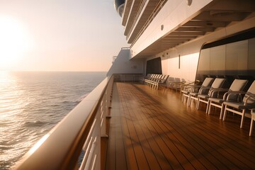 Fototapeta premium Sunset luxury cruise ship deck with empty lounge chairs overlooking ocean horizon