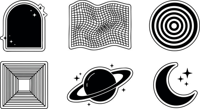 Black and white cosmic shapes including planet with ring and crescent moon vector art