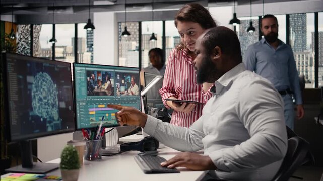 AI brain system, video montage editing, diverse team in creative agency, working on optimization with machine learning for color grading and cutting footage clips. Cinematic post production.